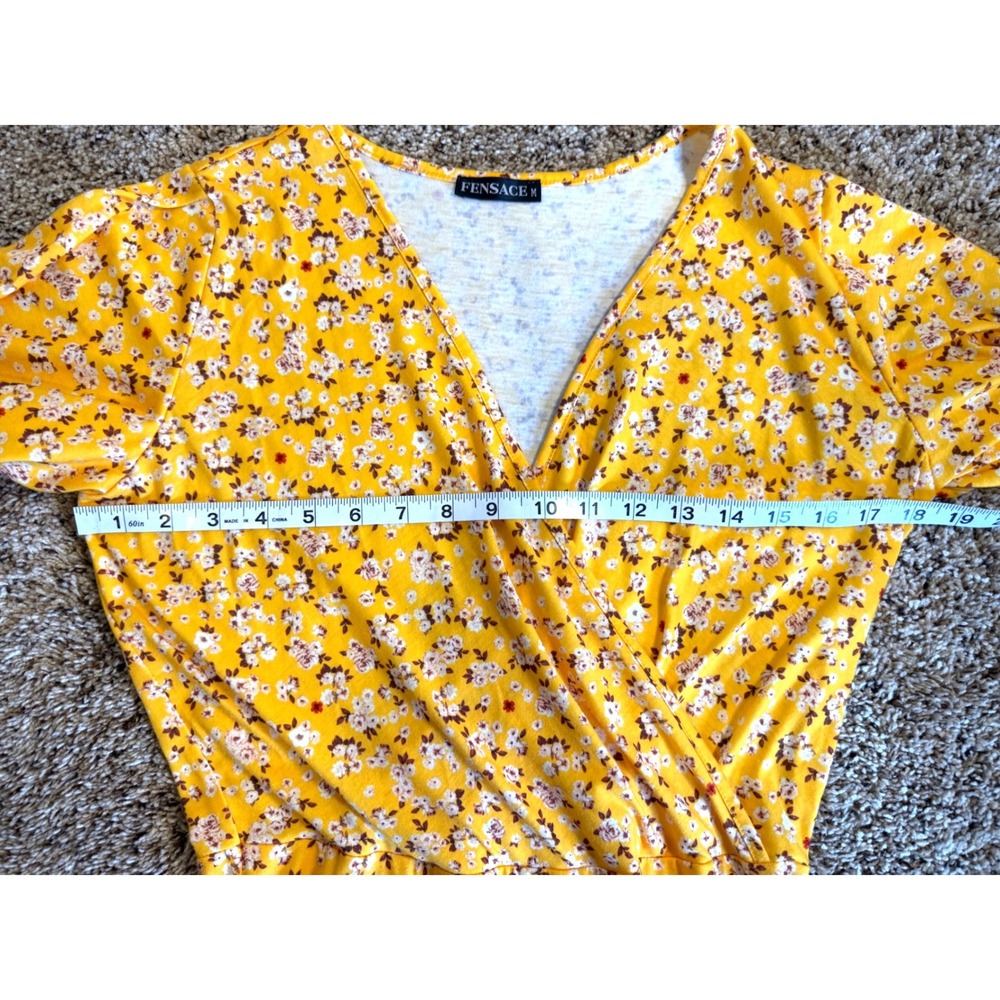 Fensace Yellow Floral Faux Wrap Mini Dress Short Flutter Sleeve V-Neck Medium - Picture 4 of 9